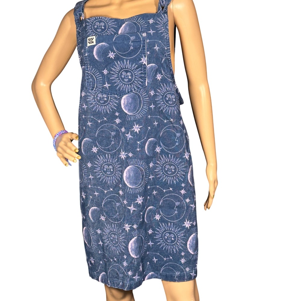 Lucy & Yak Celestial Corduroy Pinafore Dress Women US 18 Blue Moon Sun Stars